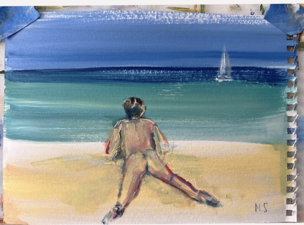 Nudist Beach Sea original painting by Marina Stognieva, nude figure by the sea, Nudist Beach in Painting series
